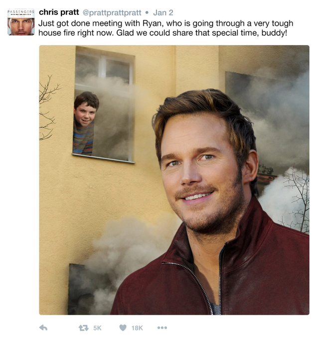 Illustration for article titled Beautiful: Make-A-Wish Sent Chris Pratt To Meet An 8-Year-Old Fan Trapped In A Burning Building